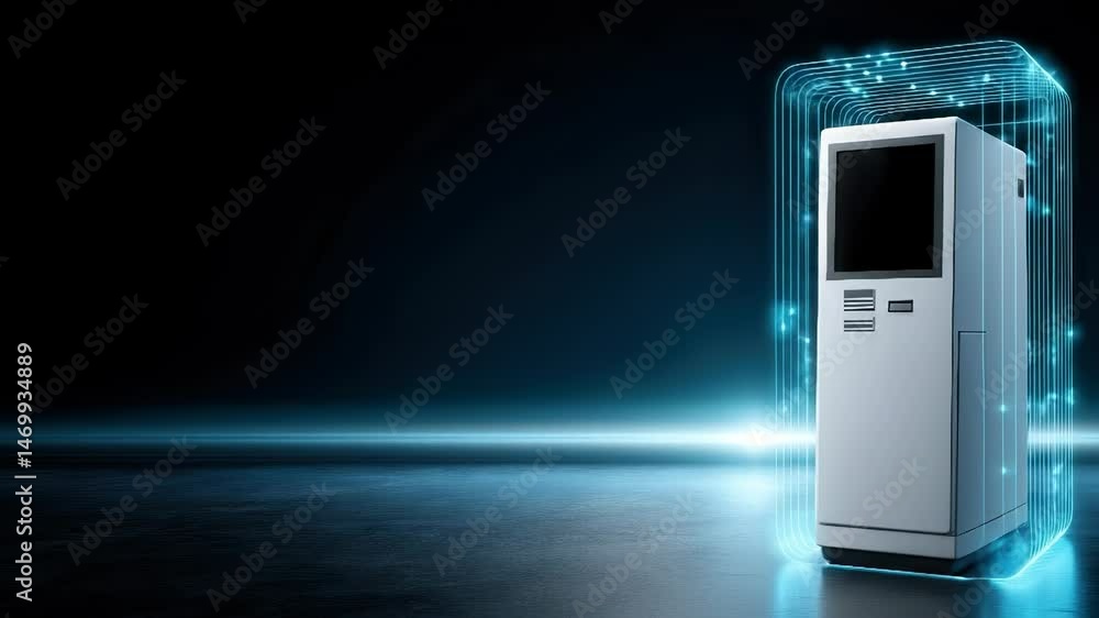 Poster futuristic self service kiosk with glowing digital interface and innovative technology in dark space