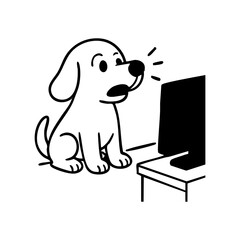 A dog sitting upright and staring at a TV screen, ears perked, completely absorbed, minimalist style.