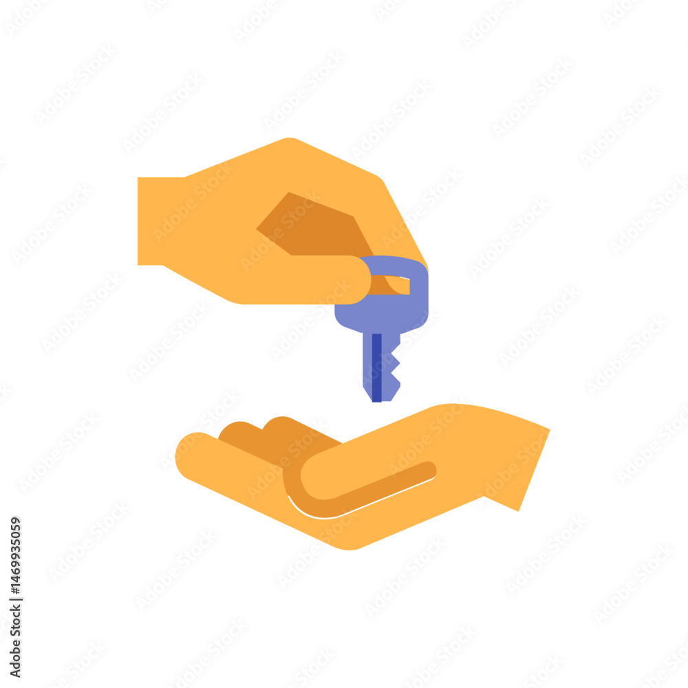 Poster handing over a blue key from one hand to another in a symbolic gesture of property transfer deal