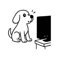 A dog sitting upright and staring at a TV screen, ears perked, completely absorbed, minimalist style.