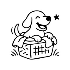 A cozy dog snuggled in clean laundry inside a basket, peeking out with a relaxed smile.