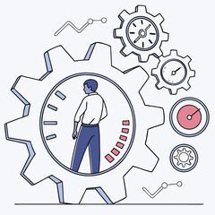 Businessman in gear illustrating business process and time management concept