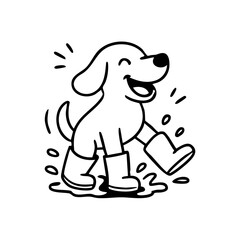 A happy dog in tiny rain boots hopping through puddles, tail up, with playful splashes around.