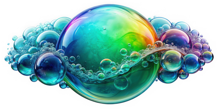 A vibrant composition of colorful soap bubbles floating gracefully in mid-air, showcasing a spectrum of hues and reflections, creating a whimsical, enchanting atmosphere.