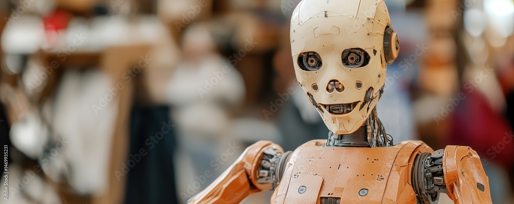 Poster a humanoid robot with exposed mechanical parts and a skeletal face stands indoors, capturing attenti