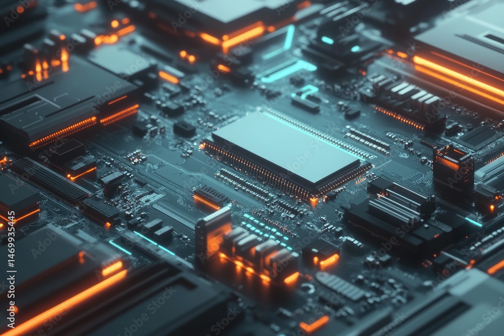 Poster close-up of a circuit board showcasing intricate electronic components and glowing circuits.