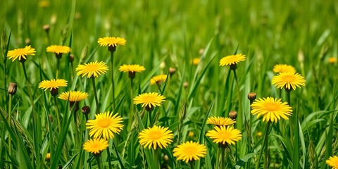 Vibrant yellow dandelions bloom amidst lush green spring grass under a bright blue summer sky, field, day