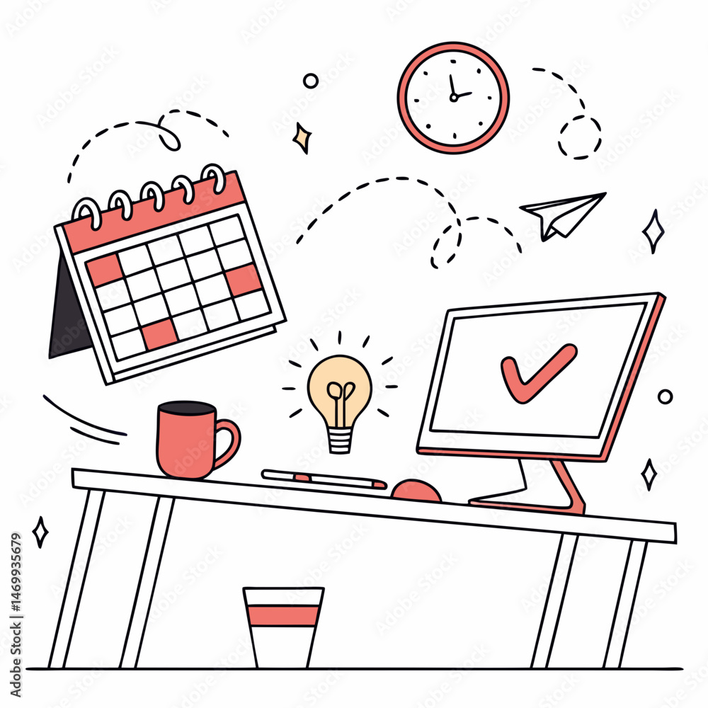 Poster productivity and planning vector illustration with calendar clock and checkmarks in modern style