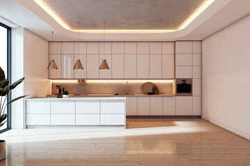 Modern minimalist kitchen interior with soft ambient lighting and sleek cabinetry design in spacious setting. 3D Rendering
