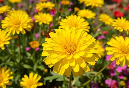Vibrant yellow flowers bloom in sunny garden, petals bright and colorful,  bloom,  garden