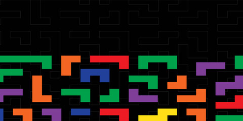 Bright colorful multicolored curved bold lines isolated on black background. Labyrinth. Cute colorful striped seamless pattern. Vector simple flat graphic illustration. Texture.