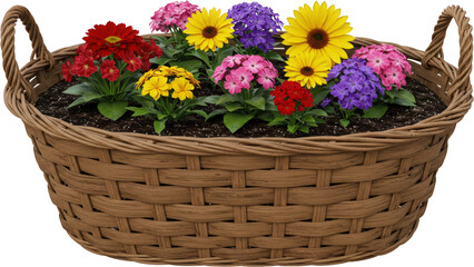 Vibrant Spring Flowers Planted in a Brown Wicker Basket Planter
