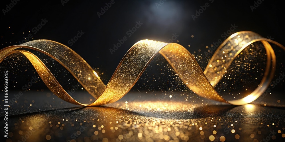 Aufkleber elegant golden ribbon swirls with glittering particles on a dark background, creating a luxurious an