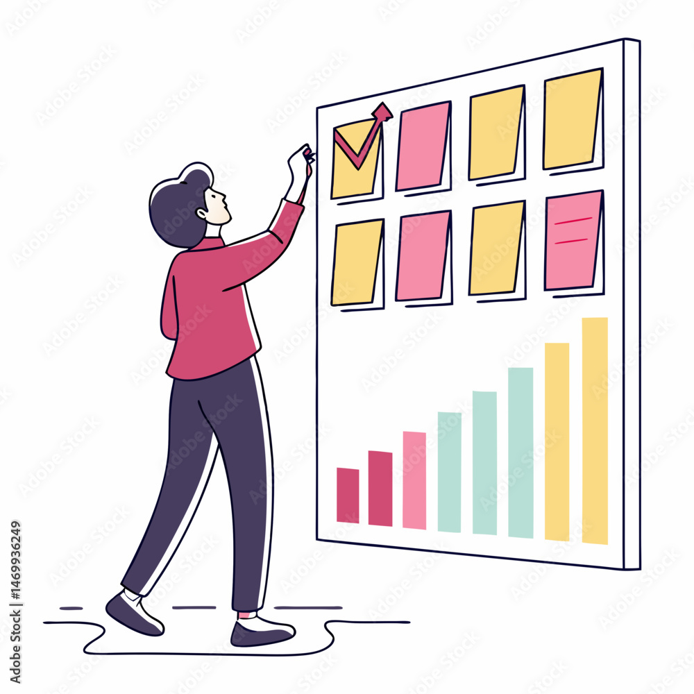 Poster a person interacting with a task board illustrating project planning concepts