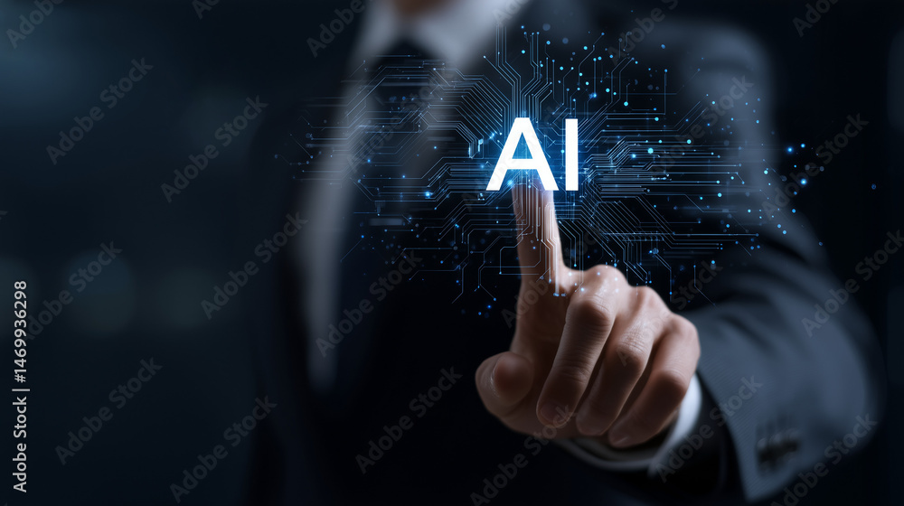 Poster businessman using artificial intelligence touch interface technology. a businessman in a suit intera