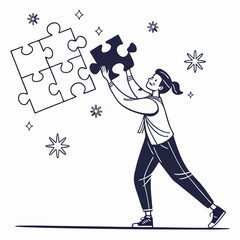 Fototapeta premium Woman putting puzzle piece teamwork business solution collaboration strategy success