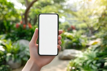 Hand Holding Phone with Blank Screen in Garden