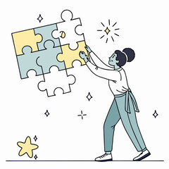 Woman connecting puzzle pieces illustrating teamwork and collaboration for problem solving