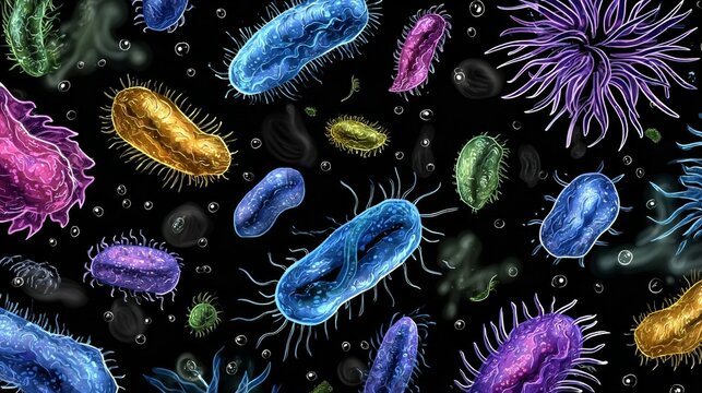 Microbial World: Colorful Illustration of Diverse Bacteria and Protists