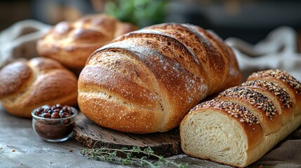 Freshly baked artisan breads, a sourdough loaf and sliced sesame loaf, are arranged on a rustic wooden board with herbs, showcasing bakery goods and flavor.