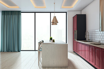Modern kitchen interior with large window, light wood island, red cabinets, and backlit ceiling in city apartment setting. 3D Rendering