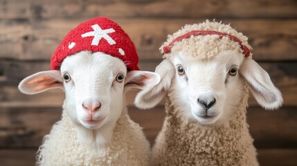 Furry goat and sheep costume party farm field fun event whimsical environment close-up view festive concept