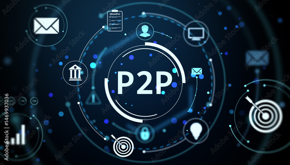 Poster P2P digital communication and financial technology concept with glowing icons and futuristic network interface on dark abstract background lighted. 3D Rendering