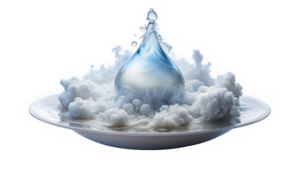 A stunning visual of a water droplet rising from a plate filled with fluffy clouds, capturing the essence of nature's elements in harmony. Ethereal and captivating.