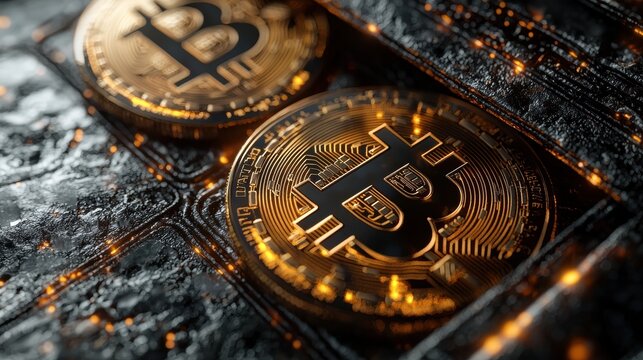 Golden bitcoins are displayed on a dark electronic surface with glowing elements representing modern digital currency and the future of global finance.