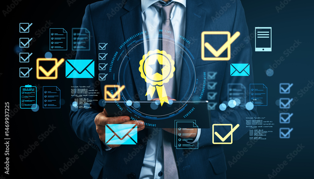 Poster Businessman holding tablet with digital checklist icons and certification badge on abstract technology background representing quality assurance..