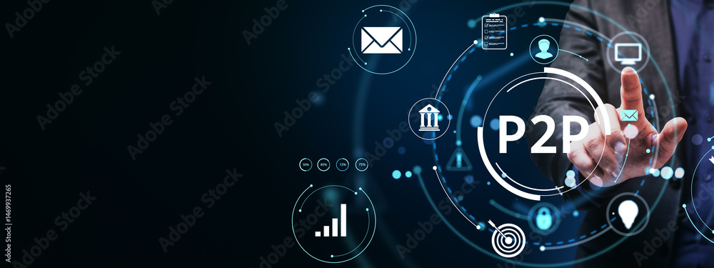 Aufkleber Businessman touching P2P interface with fintech icons and digital data analytics on a futuristic technology screen on dark background concept.