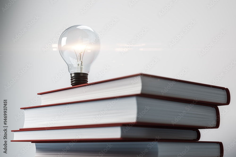 Poster lightbulb on stacked books symbolizing knowledge, creativity, and education on white background. con