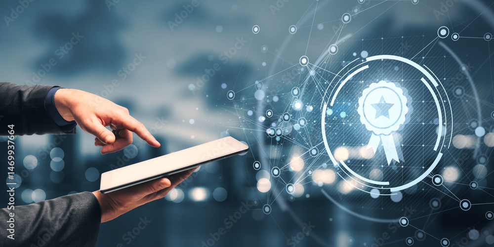 Poster Businessman using tablet with digital quality certification hologram on futuristic network background in technology and internet concept.