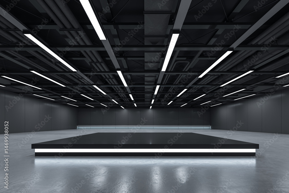 Aufkleber Futuristic empty black interior with illuminated platform and industrial ceiling ideal for branding or product display mockup template concept. 3D Rendering