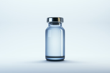 Blank medical vial mockup with metallic cap on light background for branding and packaging design presentation purposes. 3D Rendering