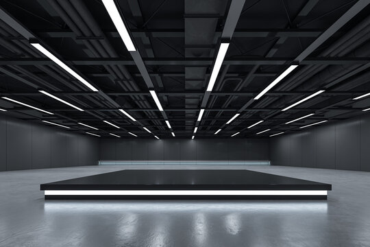 Futuristic empty black interior with illuminated platform and industrial ceiling ideal for branding or product display mockup template concept. 3D Rendering