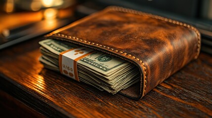 A rustic brown leather wallet is shown overflowing with a stack of United States dollar bills sitting on a dark wooden surface implying wealth and financial security.