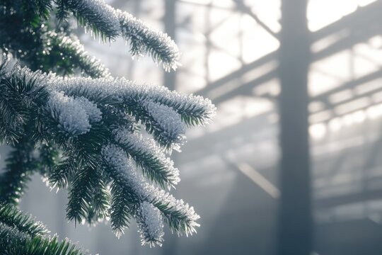 A snow-covered pine branch in a sunlit winter forest, serene and beautiful.