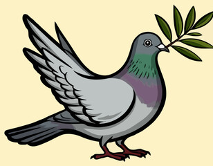 Obraz premium Pigeon holding olive branch symbolizing peace against a plain background 