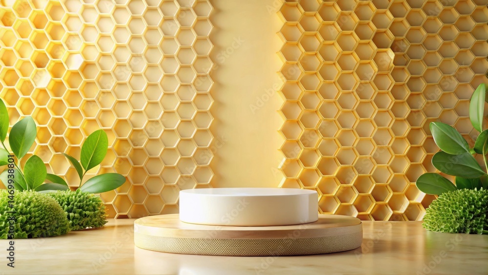 Poster elegant cylindrical display platform with honeycomb pattern and lush greenery