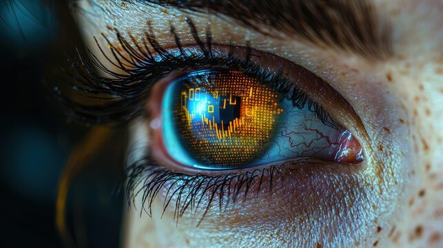 A close-up of a human eye reflecting complex financial data and stock market graphs, illustrating investment trends and economic analysis in high detail.