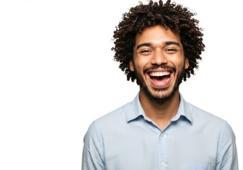 Fototapeta premium Happy Young Man with Curly Hair Laughing Isolated on White Background