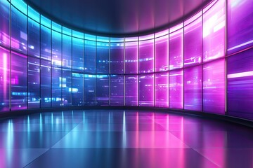 A futuristic setting with mirror-like panels and pulsating blue-purple light