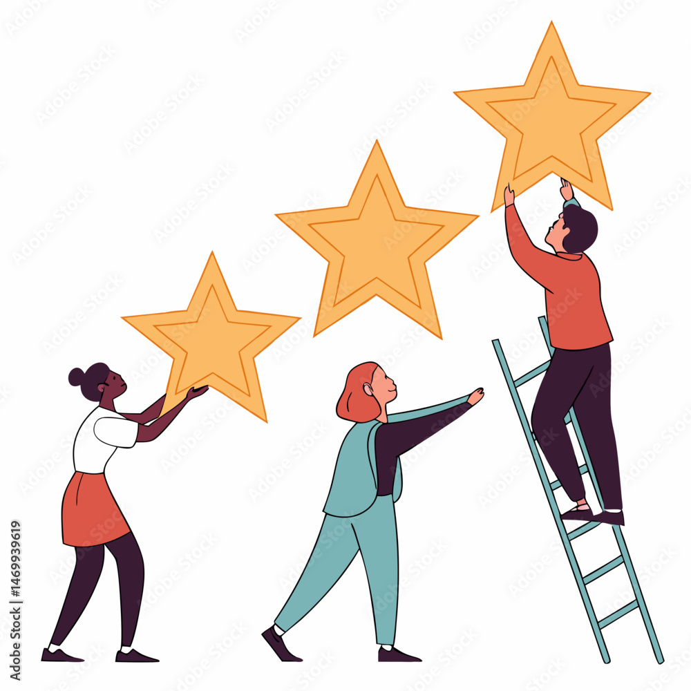 Poster colleagues collaborating to arrange stars in a straight line with transparency vector design