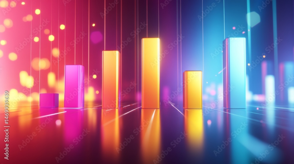 Poster d bar chart with a gradient color scheme, set on a reflective surface, capturing light beautifully, 