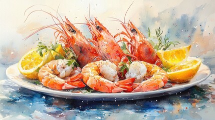 An appetizing watercolor painting showcases grilled shrimp artistically arranged on a white plate, accompanied by fresh lemon slices and herb garnishes creating feast look.