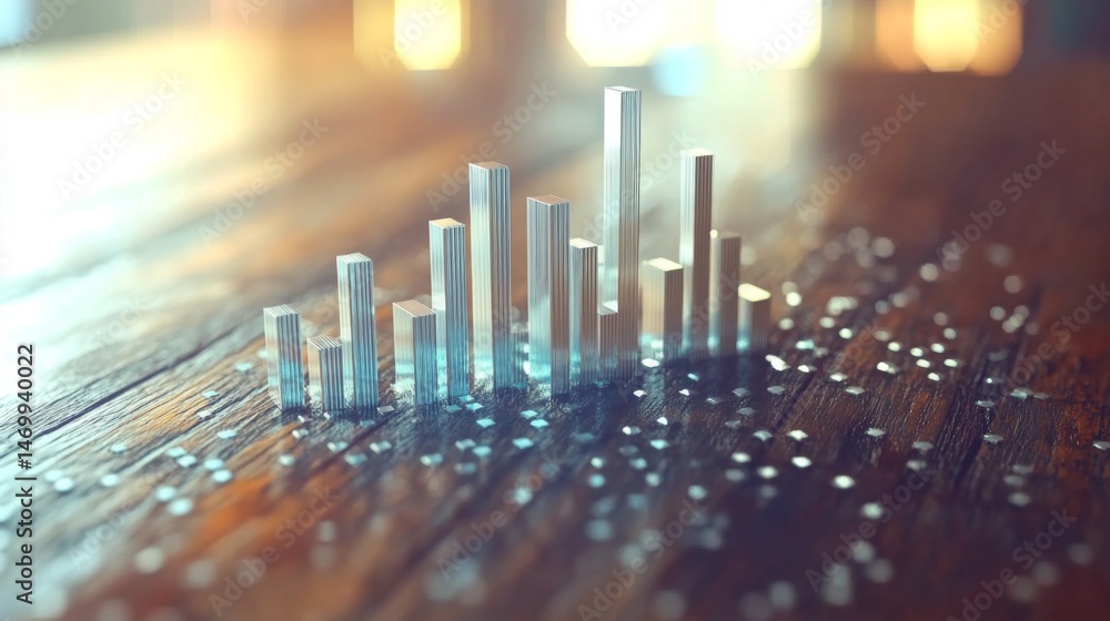 Poster d vertical bar graph with textured surfaces reflecting light, arranged on a wooden table, evoking a 