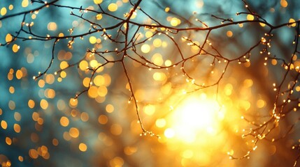 Dew-kissed branches in golden sunlight