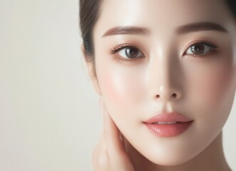 Fototapeta premium An Asian woman with clean and healthy skin, close-up of her face with natural makeup and glossy lips, against a neutral background with soft lighting. This is a portrait photograph with high resolutio