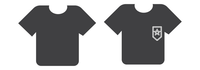 T-shirt size vector icon set in black color isolated on a white background. Clothing size label or tag. From xs to xxl. T-shart icon collection. Flat style. Vector illustration.